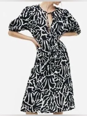 H&M Linen & Cotton Women’s Black and White Midi Dress with Tie Neck, Sz S. NWOT